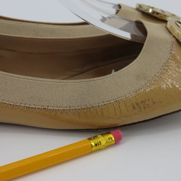 Tory Burch Women 7.5 M CAROLINE Beige Patent Leather Logo Ballet Flats Shoes - Picture 10 of 16